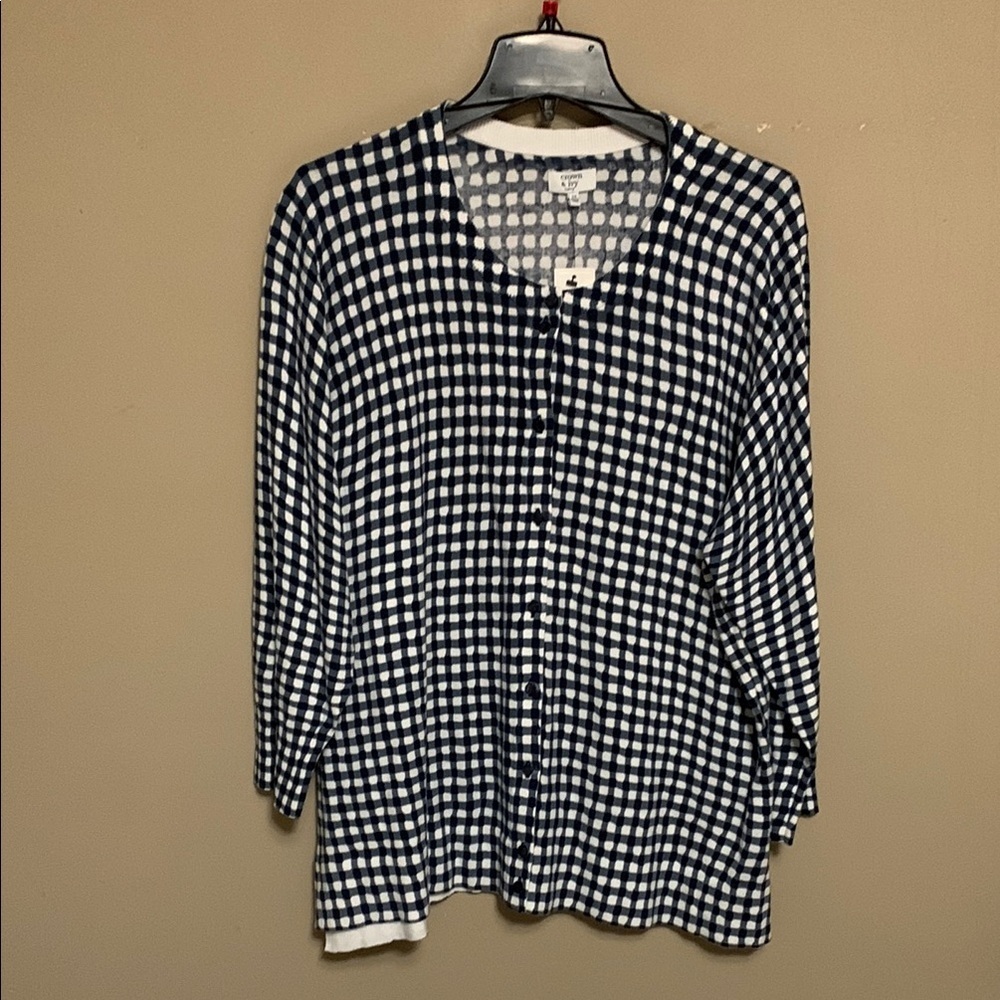 Crown & Ivy Woman Navy and White Essential Signature Gingham Cardigan SZ 2X